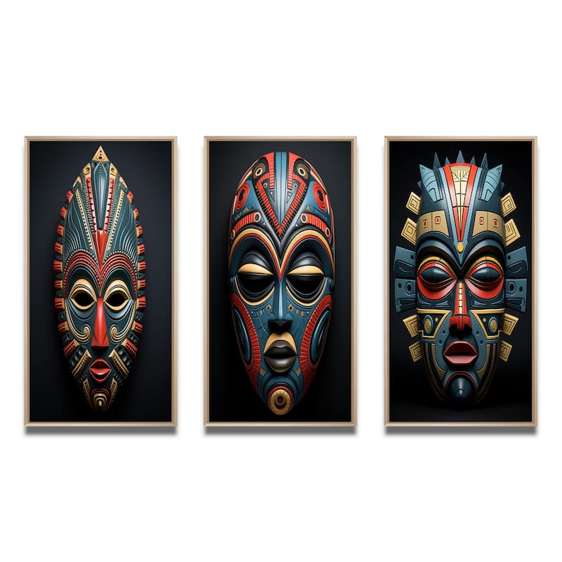 Designart "African Tribal Pende Mask III" African Tribal Framed Wall Art Set Of 3 Frame Gallery Wall Set For Home Decor
