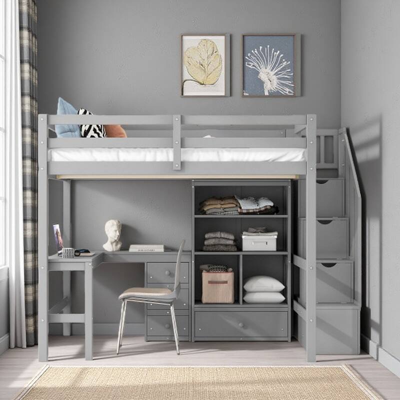 Full Size Loft Bed with L-Shaped Desk, Storage Drawers, Cabinet & Staircase, Multi-Functional Space-Saving Design - Gray