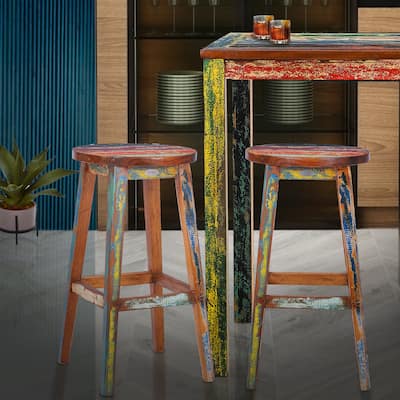 Chic Teak Marina Del Rey Round Recycled Teak Wood Boat Barstool