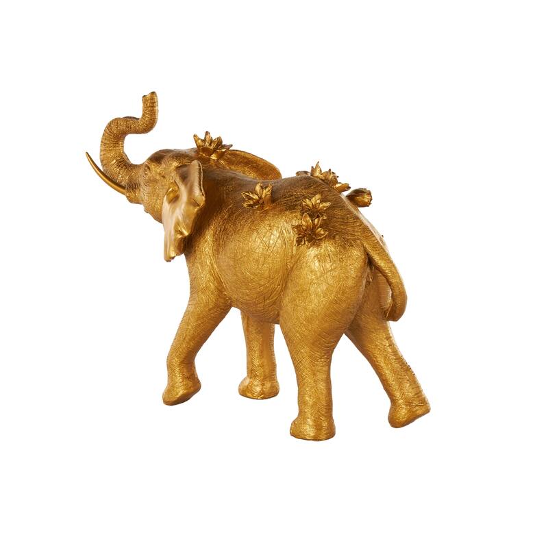 Gold Resin Walking Elephant Decorative Sculpture with Floral Accents