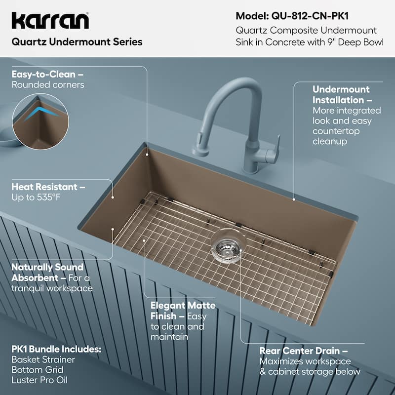 Karran Undermount 32.5 in. Large Single Bowl Quartz Kitchen Sink Kit