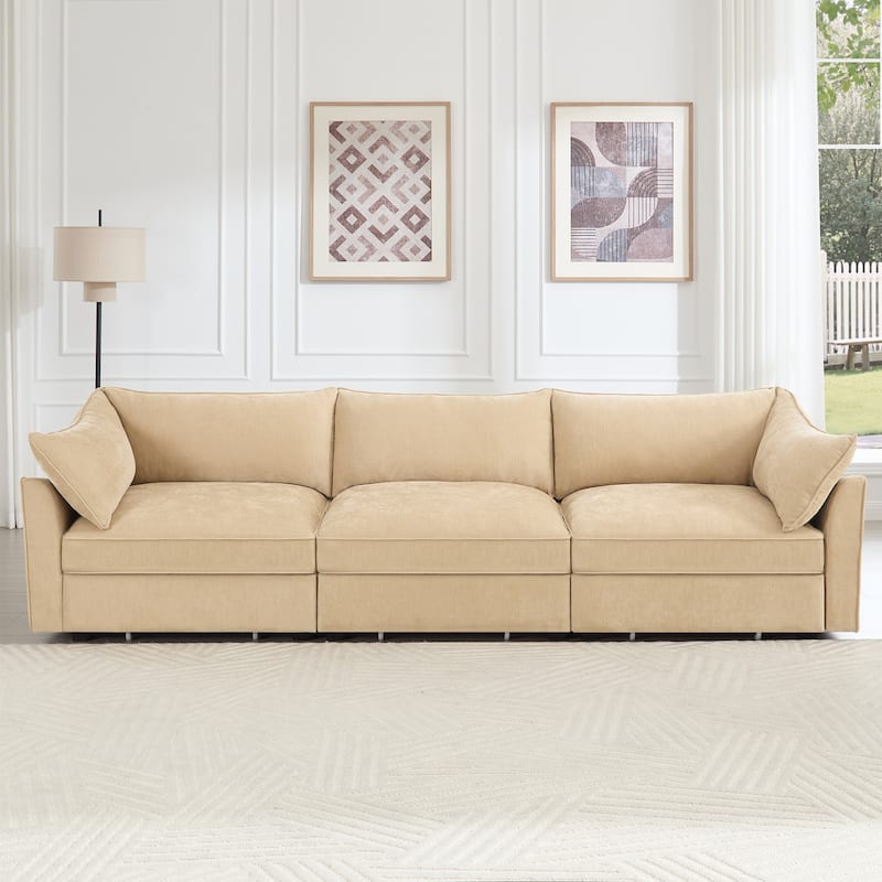 Rossetta 3-Seater Crescent Armrests Sofa with Pull-Out Storage Drawers and Wraparound Cushions in Classic Color Chenille - Wheat