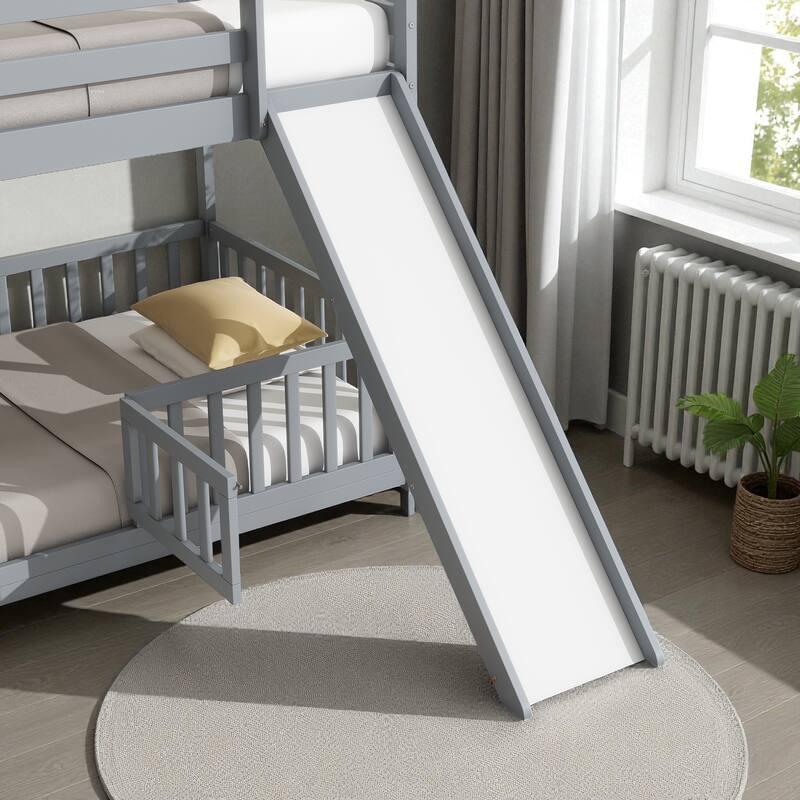 Solid Pine Wood Twin Over Twin Bunk Bed with Slide, Door, Ladder, and Guardrails, Convertible Floor Bunk Bed for Kids