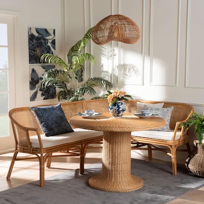 Aara 3-Piece Natural Rattan Dining Nook Set - L-Shaped Corner Bench with Pedestal Table, Handwoven Boho Coastal Banquette