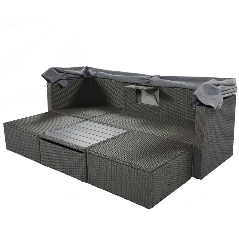 4 Pcs Patio Furniture Set, Outdoor Sectional Sofa Set, Rattan Daybed with Retractable Canopy, Coffee Table with Lifting Top
