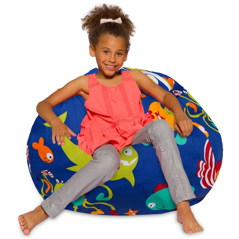 Kids Bean Bag Chair, Big Comfy Chair - Machine Washable Cover - 38 Inch Large - Canvas Sea Creatures on Blue