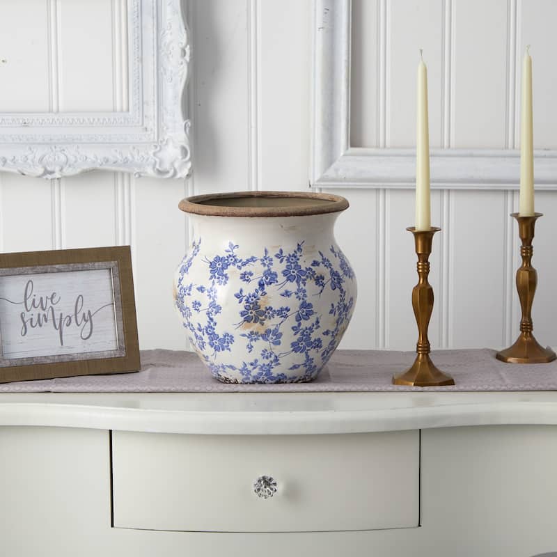 10.5" Tuscan Ceramic Blue Scroll Urn Vase