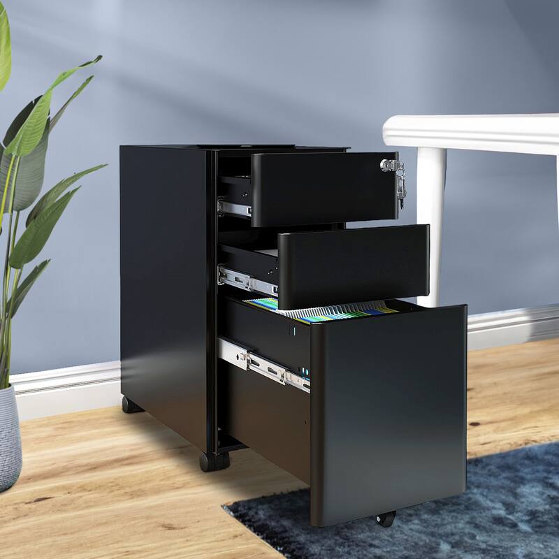 Modern 3-Drawer Mobile Vertical Steel File Cabinet for A4, Letter, Legal size Files - Black