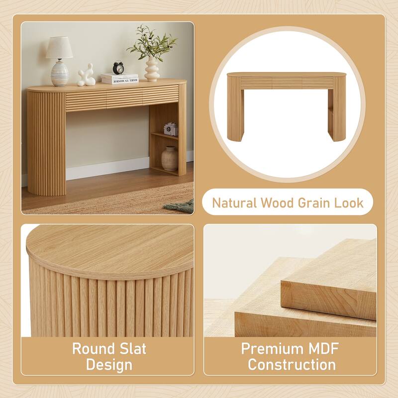 Retro Console Table with Storage, 3 Drawers, 1 Table-Leg Niche, Round Slat Aesthetic, Entryway, Living Room & Hallway