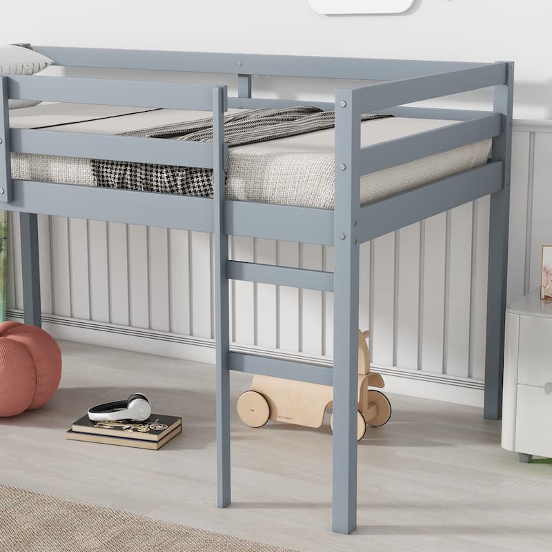 Solid Wooden, Rubber Wooden Twin Loft Bed with Ladder, Bed Platform of Strengthened Slats