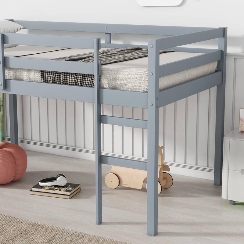 Wooden Twin Loft Bed with Wide-Step Ladder, Low-Height Design, Reinforced Slats, & Spacious Underbed Storage
