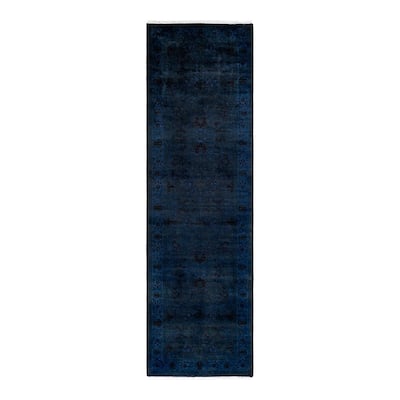 Overton Hand Knotted Wool Vintage Inspired Modern Contemporary Overdyed Navy Runner Rug - 3' 1" x 10' 5"