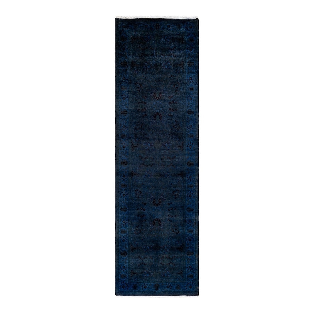 Overton Hand Knotted Wool Vintage Inspired Modern Contemporary Overdyed Navy Runner Rug - 3' 1" x 10' 5"