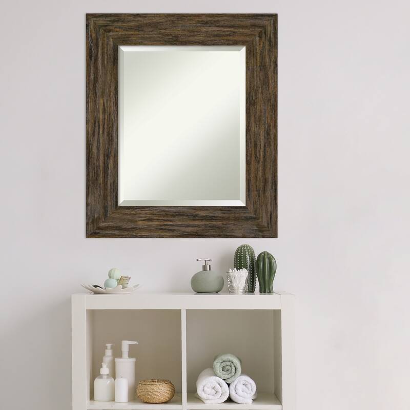Beveled Wood Bathroom Wall Mirror - Fencepost Brown Frame
