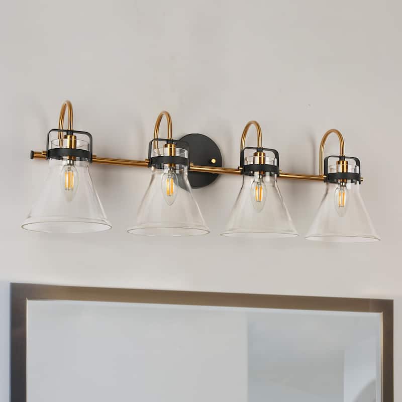 Mutch Modern Farmhouse 4-light Bathroom Vanity Light Rustic Industrial Glass LED Dimmable Wall Sconce - Black&Gold