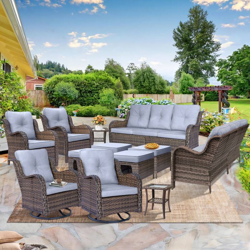 Rattan Wicker Outdoor Patio Furniture Sofa Set with Swivel Rocker Chairs - 12 Piece - Grey