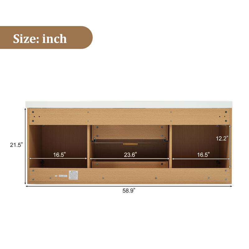59.3 Inch Floating Double Sink Bathroom Vanity with SMC Resin Top, Wall Mounted Storage Cabinet for Large Bathrooms