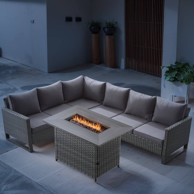 Outdoor All Weather PE Wicker Conversation with Fire Pit Table - Grey - Grey