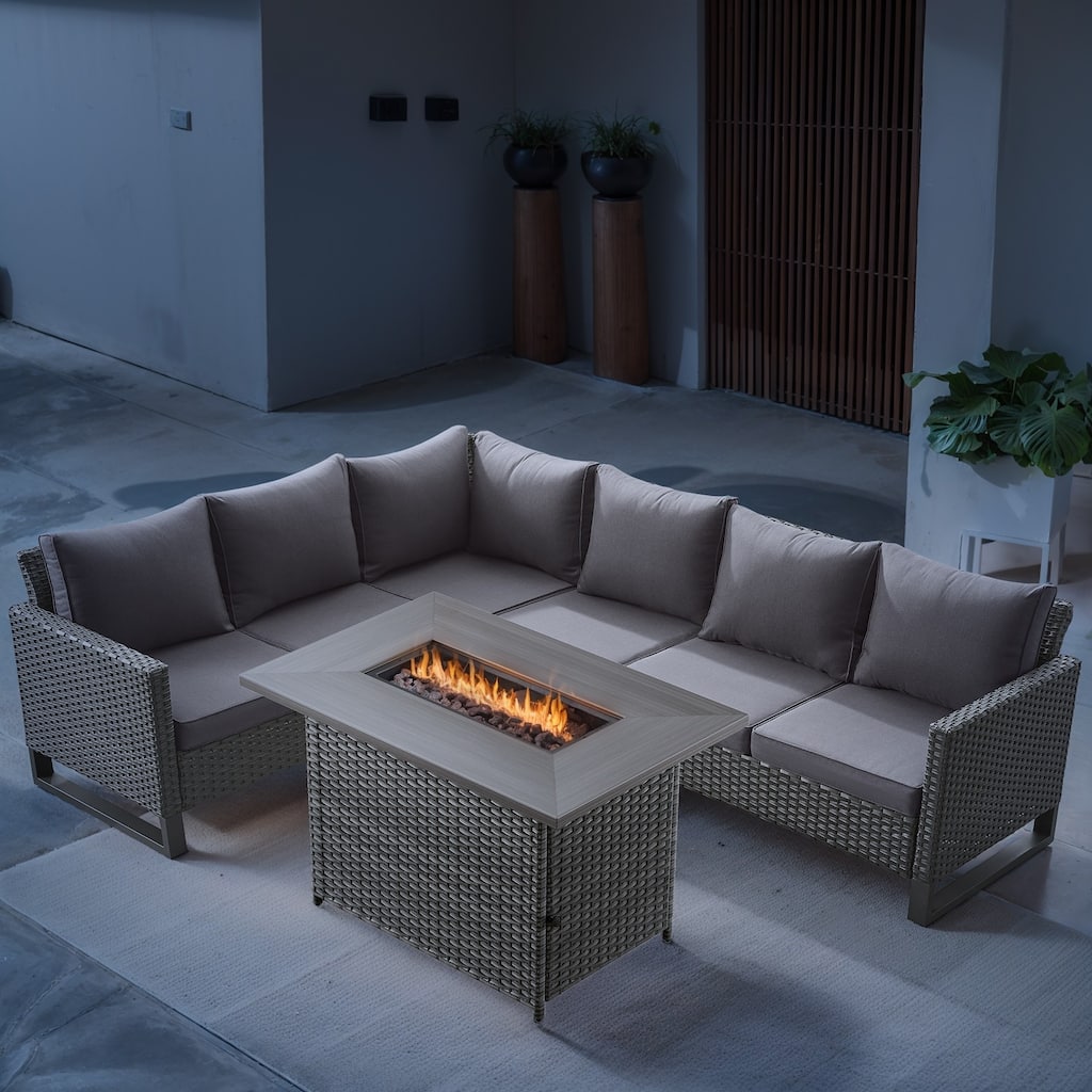 Outdoor PE Wicker Funiture with Fire Pit Table - Grey cushion