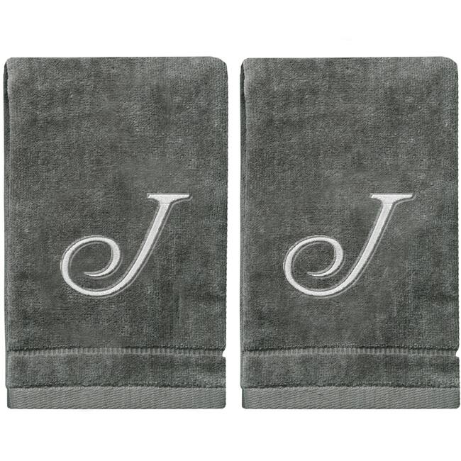 Soft Velour Silver Monogrammed Towels Fingertip - Set of 2 - J