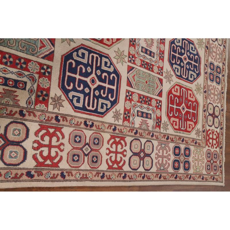 Hand Knotted Oriental 100% Wool Carpet Traditional Geometric Beige & Ivories Kazak Area Rug - 9' 7'' X 6' 7''