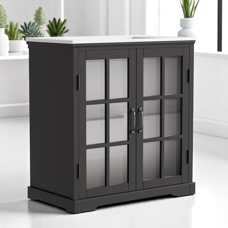 30" Bathroom Vanity with Ceramic Sink, Tempered Blurred Glass Doors,Adjustable Shelf, Freestanding Cabinet (Faucet Not Included)