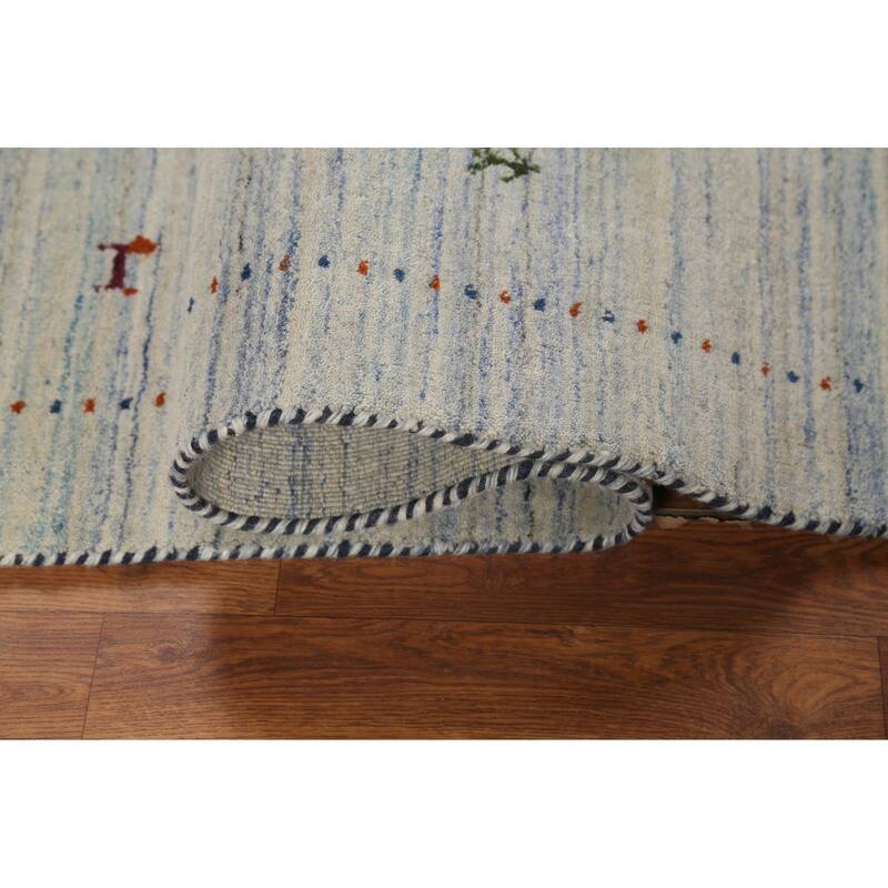 Ivory & Blue Striped Gabbeh Accent Rug Hand-Knotted Wool Carpet - 4'0"x 5'9"