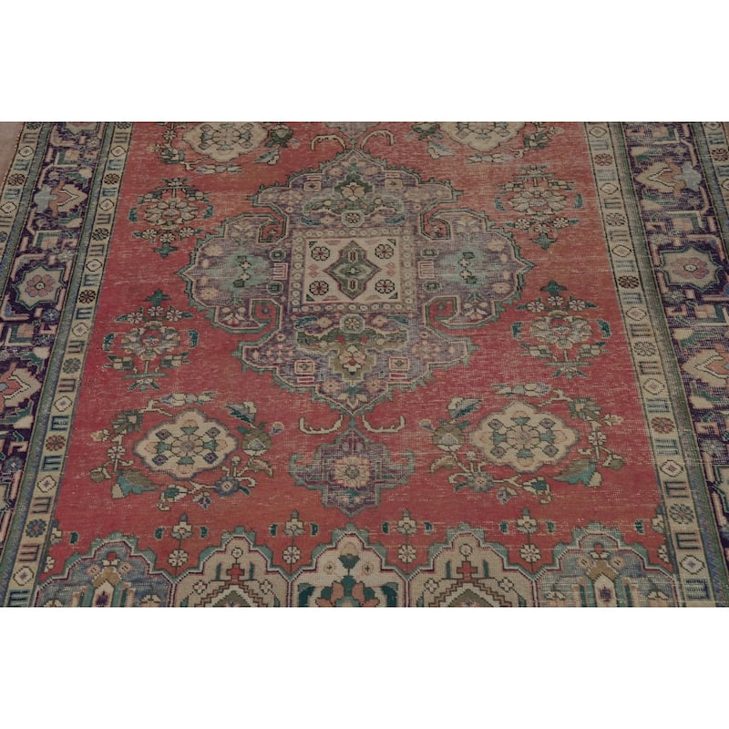 Vintage Geometric Tabriz Persian Area Rug Hand-Knotted Wool Carpet - 6'6" x 9'7"