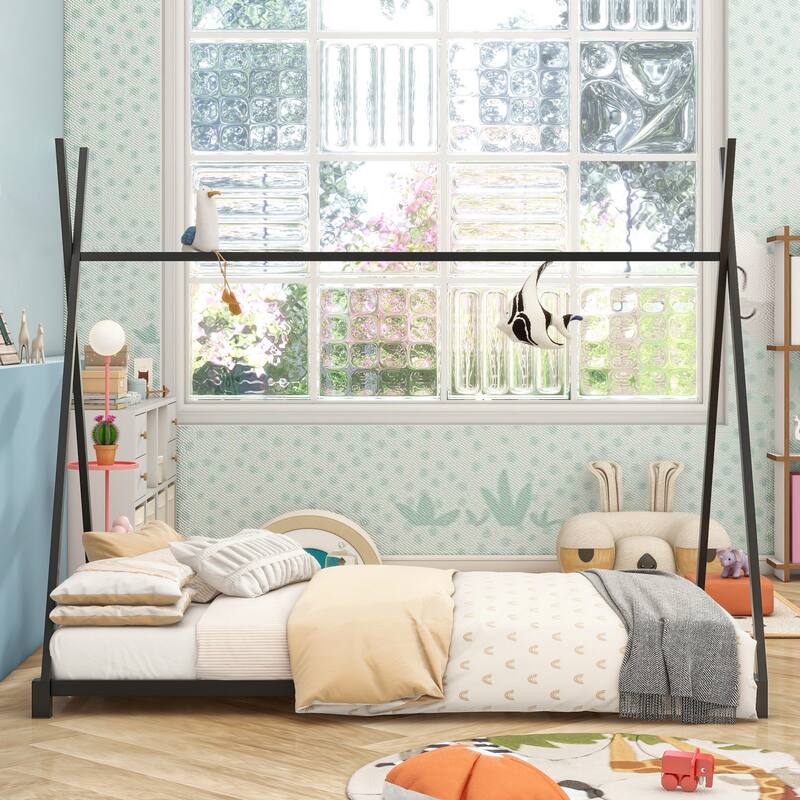 Twin Size Kids House Bed Tent Bed Frame, Triangle Structure for Kids, Fun Indoor Sleeping Space, Easy Assembly🏕️