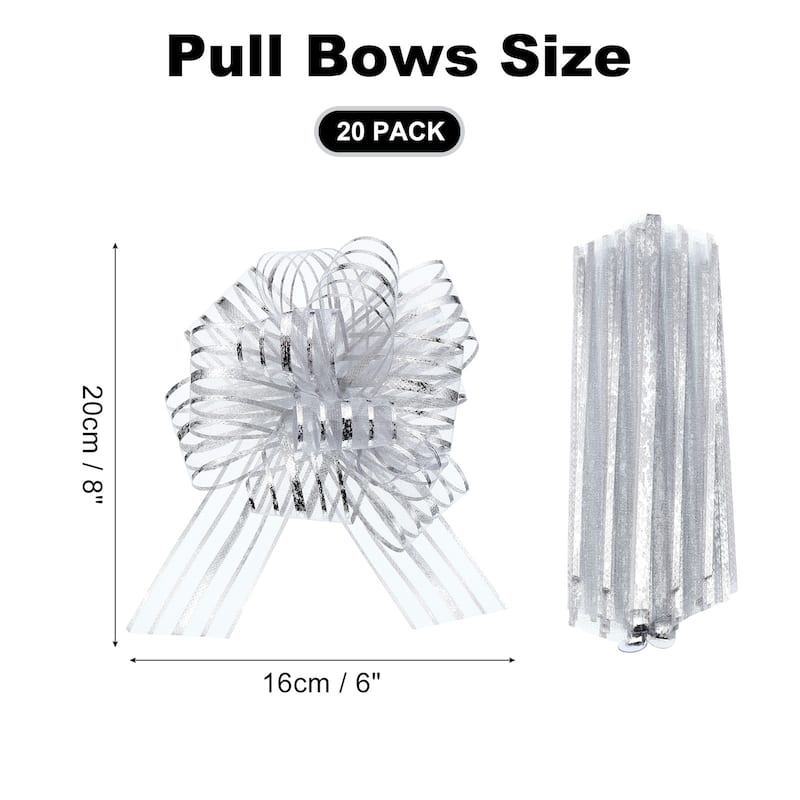 20pcs Pull Bows 6.3 Inch Wide Ribbon Gift Bows for Gift Wrapping - Silver Tone
