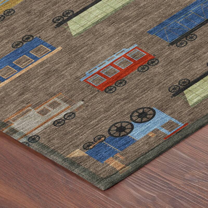 Machine Washable Indoor/ Outdoor Modern Train Chantille Rug