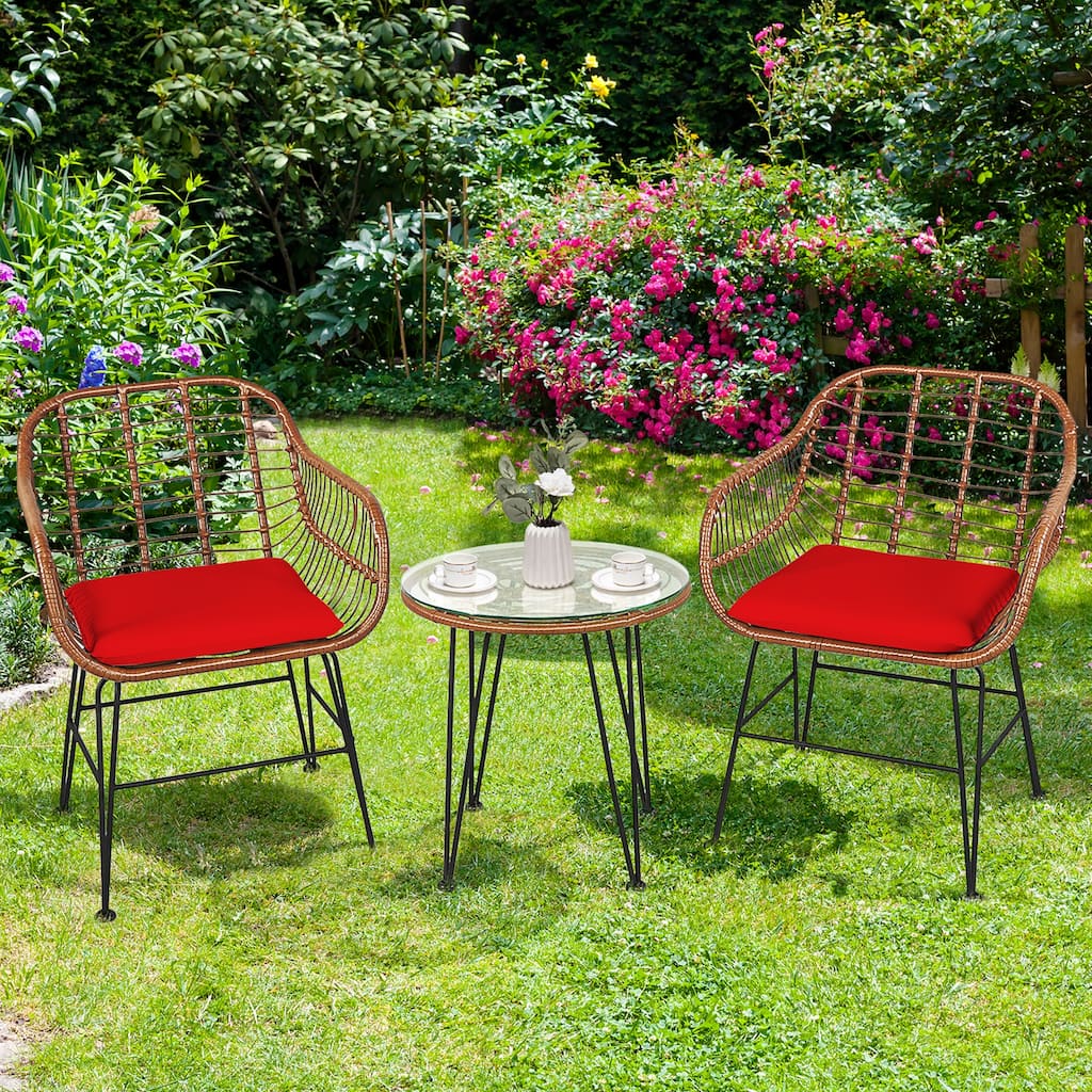 3 PCS Patio Bistro Set PE Rattan Armchairs and Coffee Table Set