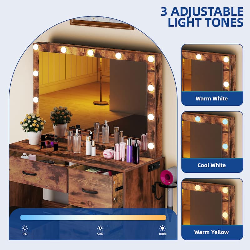 35.4" Mirror Makeup Vanity Table with Stool and Light Bulb - 35.4''L x 15.7''W x 53.5''H