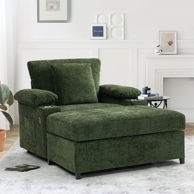 Modern Oversized Chair with Ottoman,Chenille Fabric Sofa Bed,Accent Chair Comfy Sofa with Cupholders and USB Charging Ports