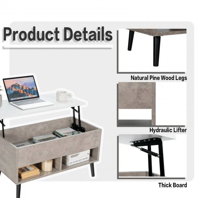 31.5 Inch Lift Top Coffee Table with Hidden Compartment and 2 Storage Shelves - 31.5" x 15.5" x 17.5" (L x W x H)