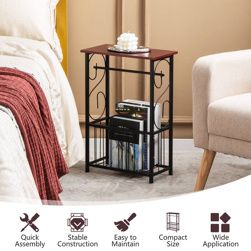 Brown Small Side End Table with Storage Basket and Black Steel Frame for Bedroom or Bathroom - 14.5" x 8" x 21.5" (L x W x H)