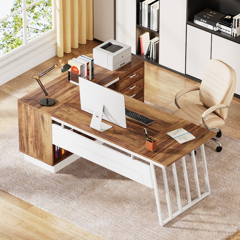 71 Inch Modern Executive Desk, L-Shaped Desk with Cabinet,Brown and White