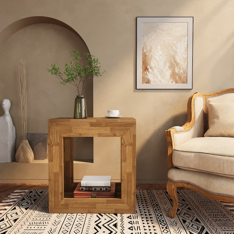 2 Tier Square End Table for Living Room/Bedroom, Wood Sofa Side Table with Storage Shelf