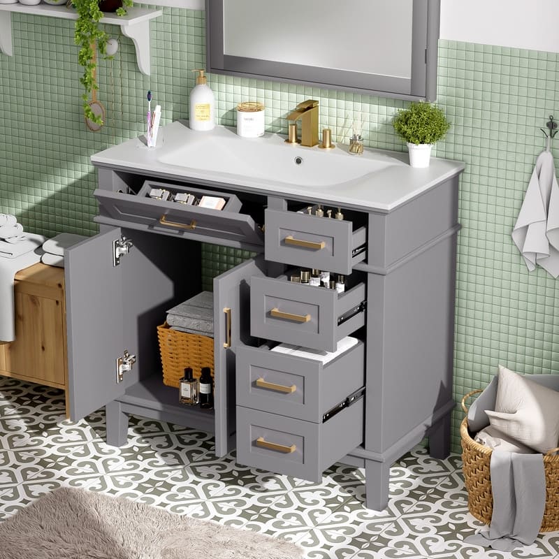 36" Modern Bathroom Vanity with Ceramic Sink, Soft Close Doors, 4 Drawers for Storage