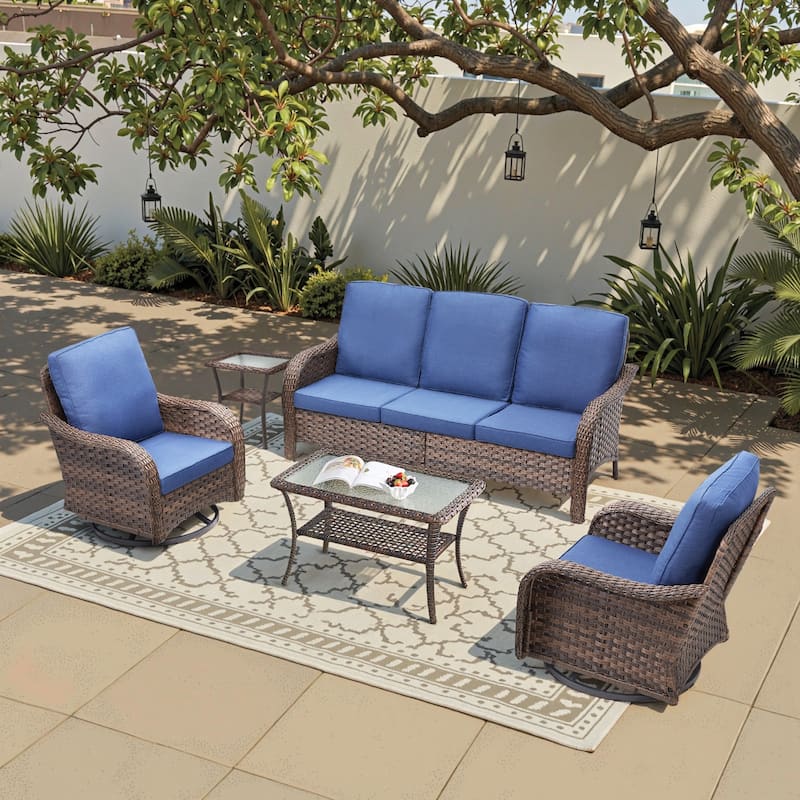 Cavira 5-Piece Outdoor Patio Brown Wicker Conversation Set with Olefin Cushions - Navy Blue Cushions - Brown Wicker