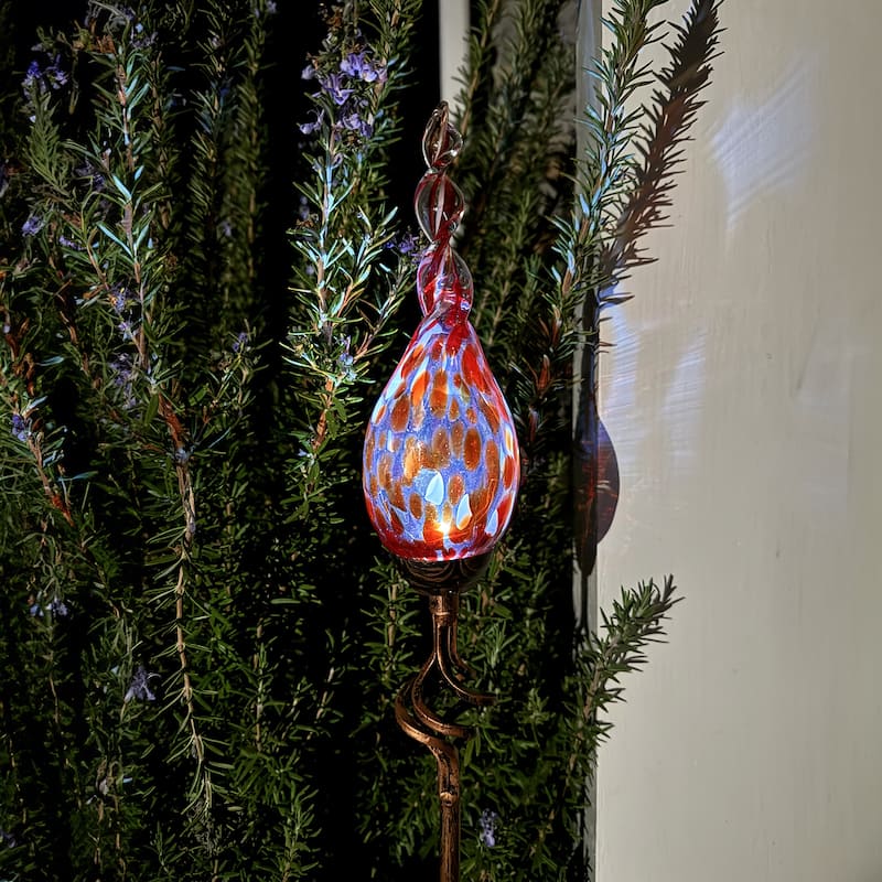 Exhart Solar Pearlized Hand Blown Glass Twisted Flame Garden Stake with Metal Finial Detail, 36 Inch