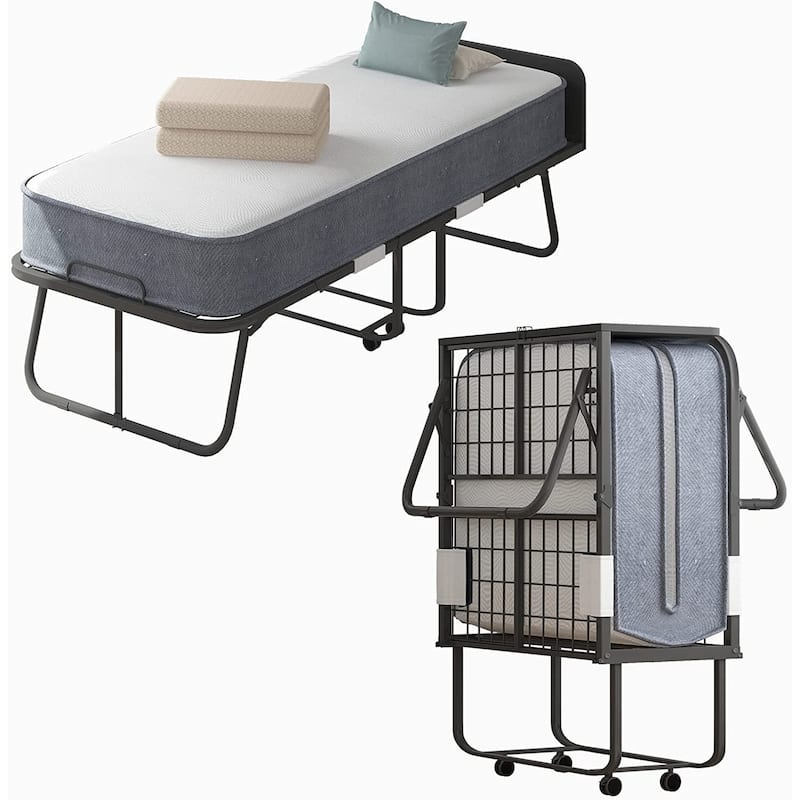 Mixoy Space Saving Fold up Bed with Mattress & 360 Swivel Wheels