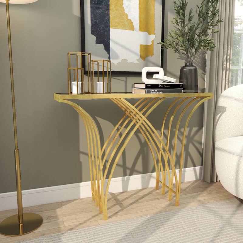 Gold Metal Geometric Console Table with Mirrored Glass Top