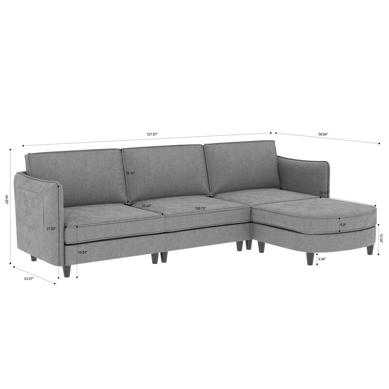 Convertible Sectional Sofa with Movable Ottoman, L-Shaped Sofa with Side Pockets, Corner 3 Seater Sofa for Living Room, Office