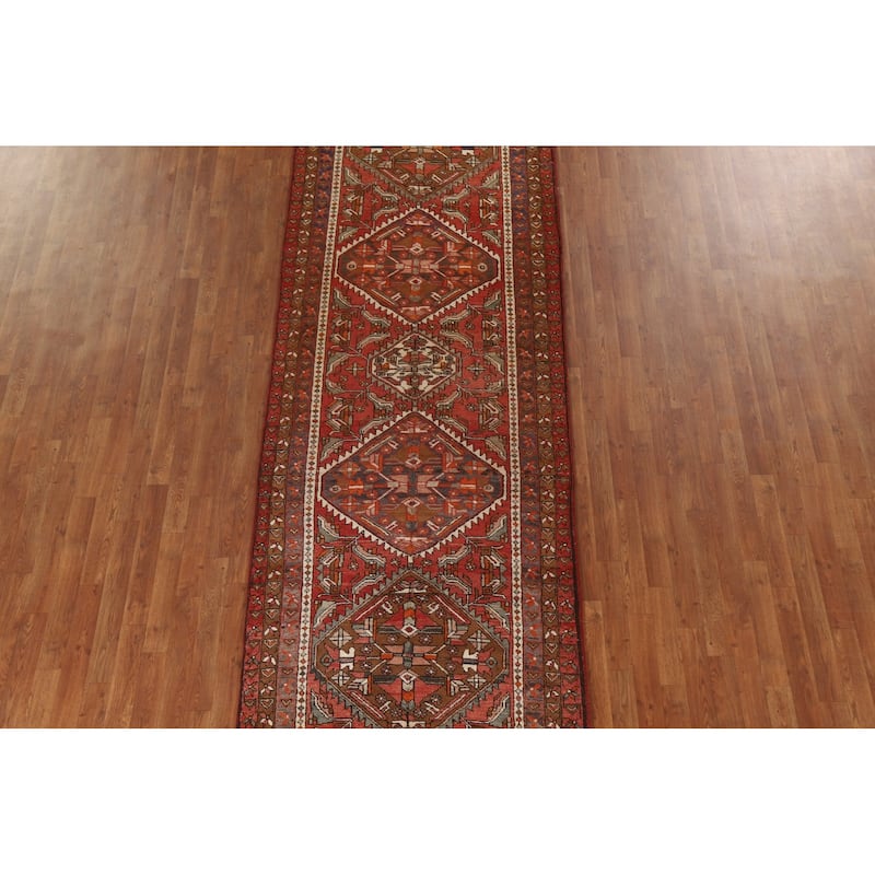 Heriz Persian Vintage Runner Rug Hand-knotted Red Wool Carpet - 3'11"x 11'10"