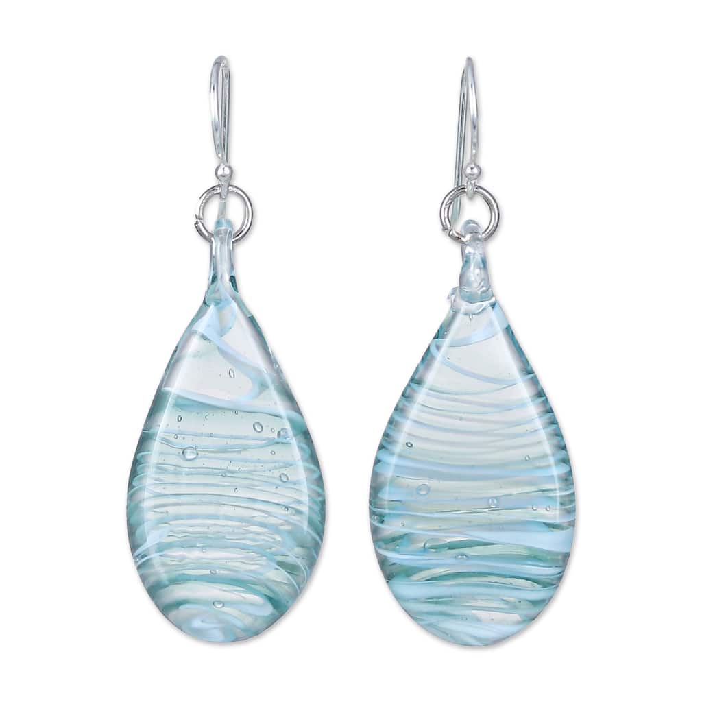 Novica Handmade Blue Ovate Leaf Handblown Glass Dangle Earrings