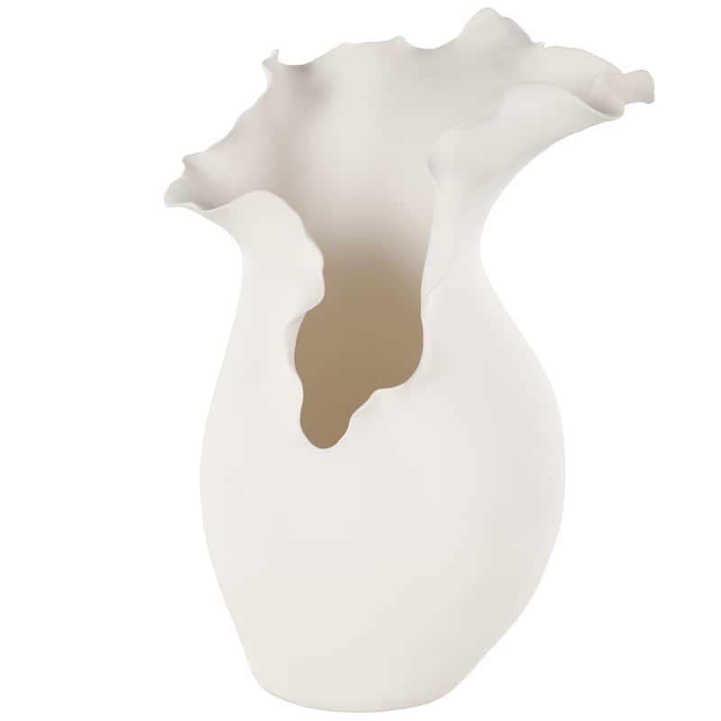 Ceramic Abstract Floral Inspired Vase with Wavy Folded Rim - White or Black - Roche River Decor - White