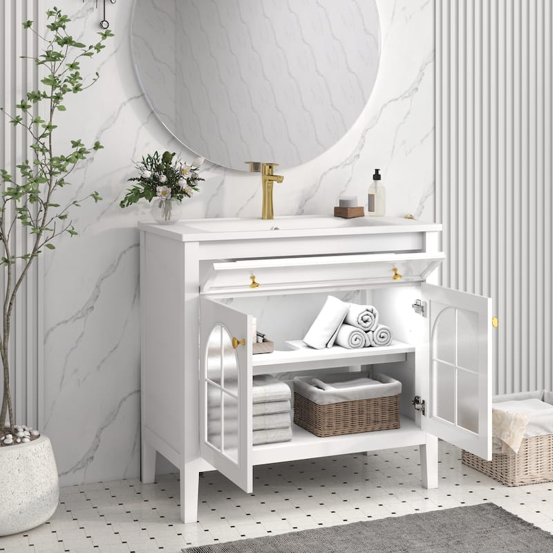 Modern Single Sink Bathroom Vanity Cabinet with Motion-sensor Light Strip & Patterned Glass, Ceramic Integrated Basin