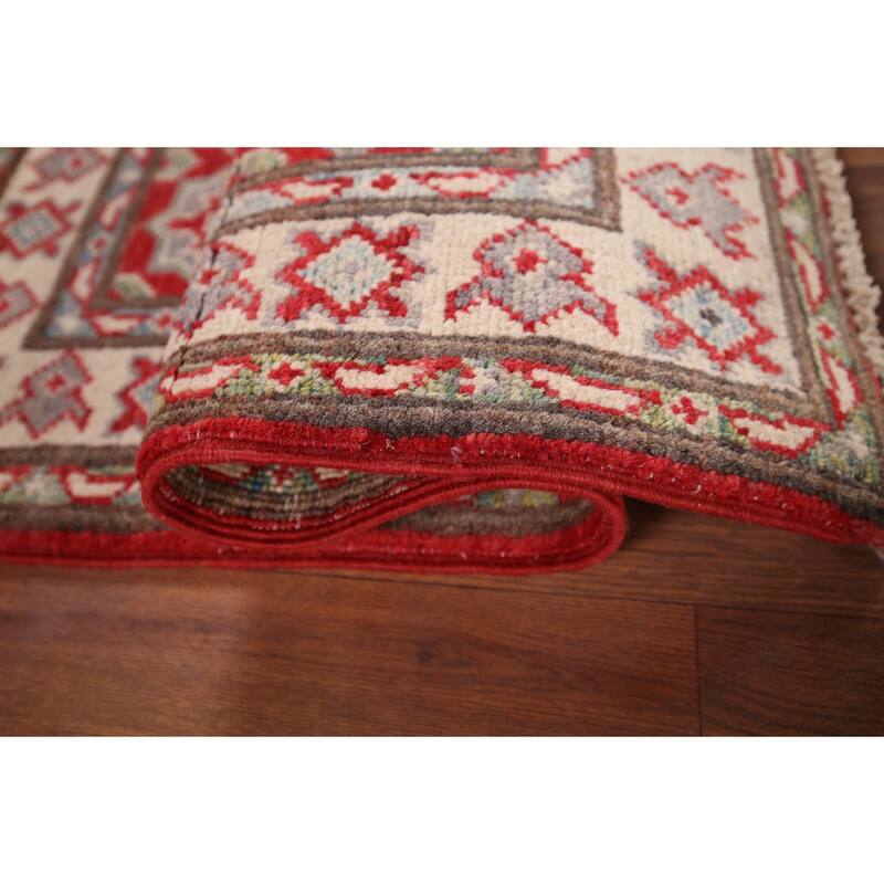 Geometric Kazak Foyer Rug Handmade Oriental Red Wool Carpet - 2'0" x 3'0"