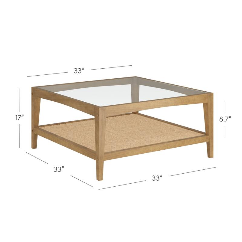 Hayes Glass Top Coffee Table with Solid Wood Frame and Rattan Bottom Shelf